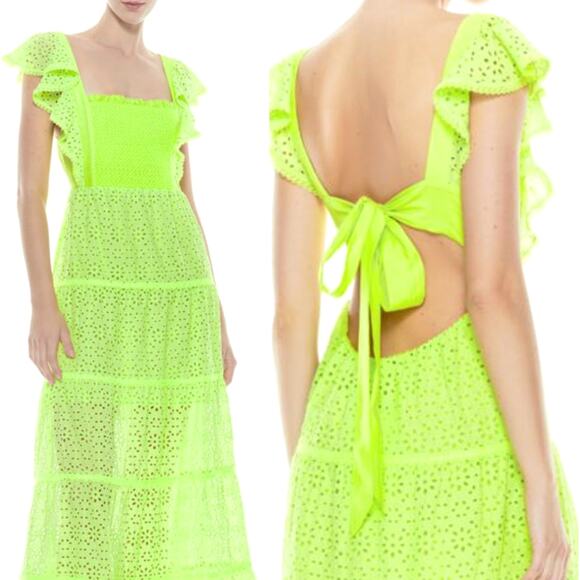 Alice+Olivia XS Jules Eyelet $595 Midi Nap Dress Cotton Bow Tie Lime Green 0 2 - Picture 1 of 10